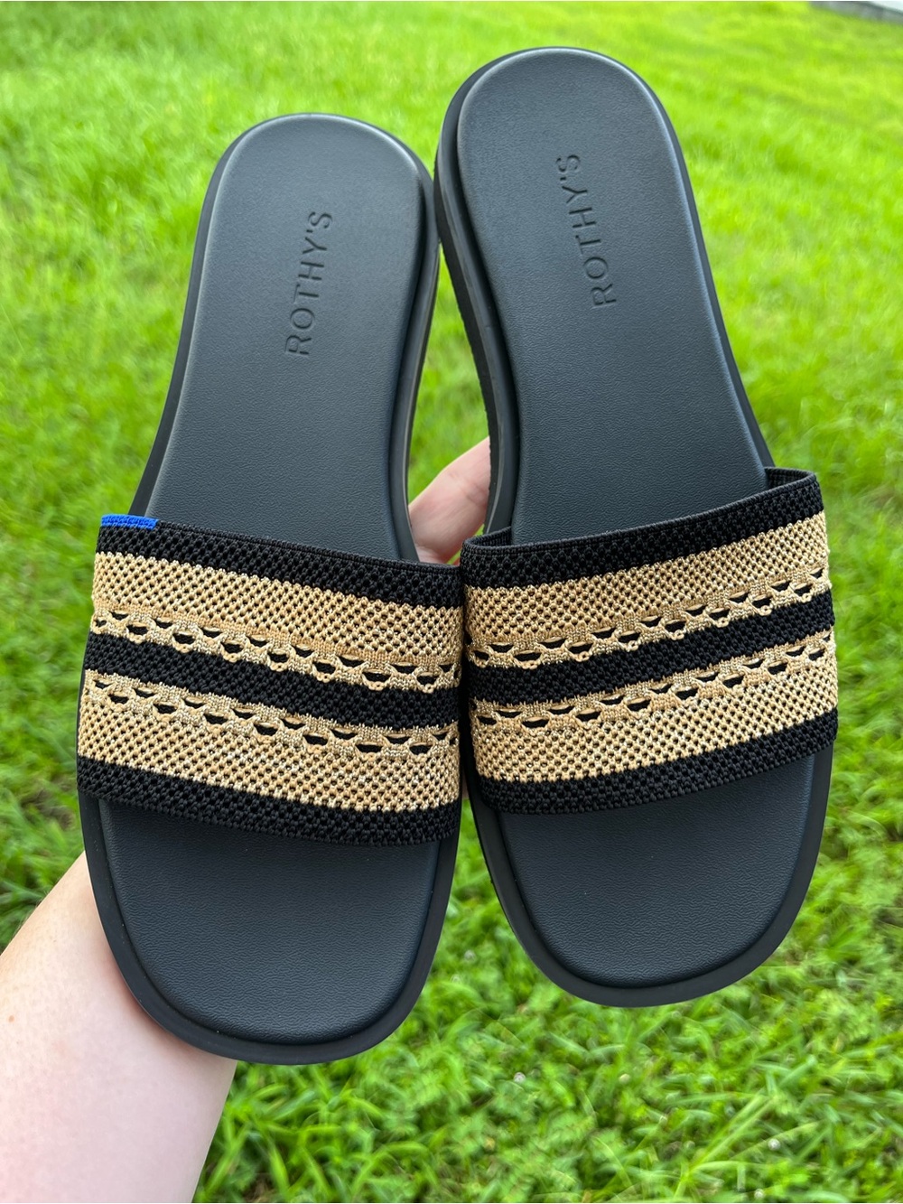 Like New Rothy's Black & Tan Striped Slide Sandals Size 9.5